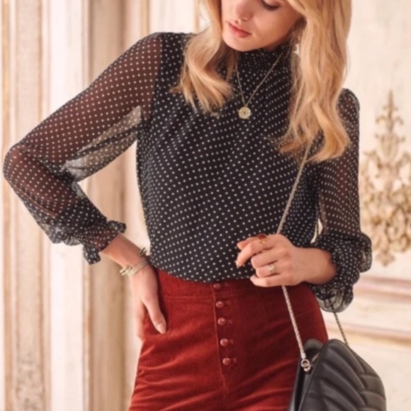 Sezane Tops - Sezane Cathy Silk Black and White Polka Dot Mockneck Blouse